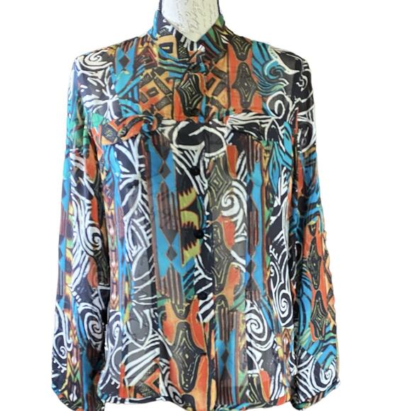 Retro CHICO'S Womens 1 (M) 100% Silk Artsy Semi-Sheer Career High Collar Blouse - Picture 1 of 10